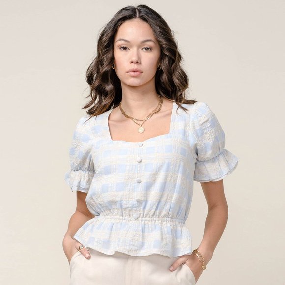 Greylin Tops - GREYLIN danila pouf sleeve peplum top blue